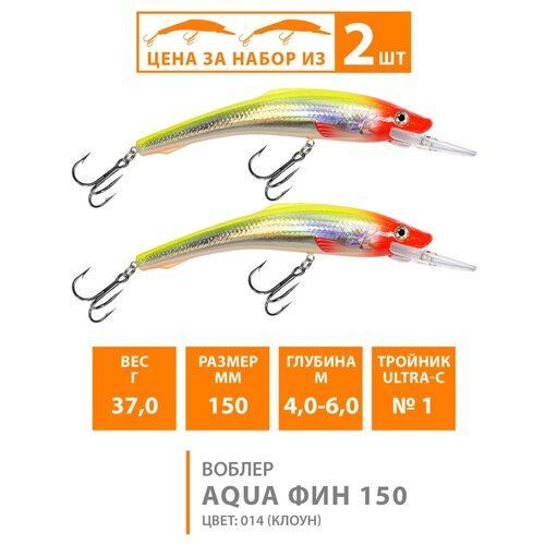фото Воблер для рыбалки aqua фин 150mm, вес - 37,0g, цвет 015 (голубая спинка) (набор 2 шт)
