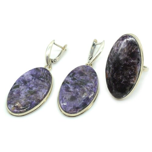 Комплект бижутерии Радуга Камня: кольцо, серьги, чароит, размер кольца 17.5, фиолетовый
