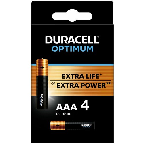 Батарейка алкалиновая Duracell OPTIMUM, AAA, LR03-4BL, 1.5В, блистер, 4 шт. щелочная батарейка duracell mn21