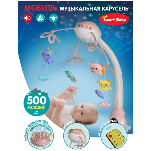 фото Детская карусель, мобиль тм smart baby, пульт управления, ночник, проектор звездного неба, таймер, колыбельные, 500 мелодий, свет, звук, jb0333926