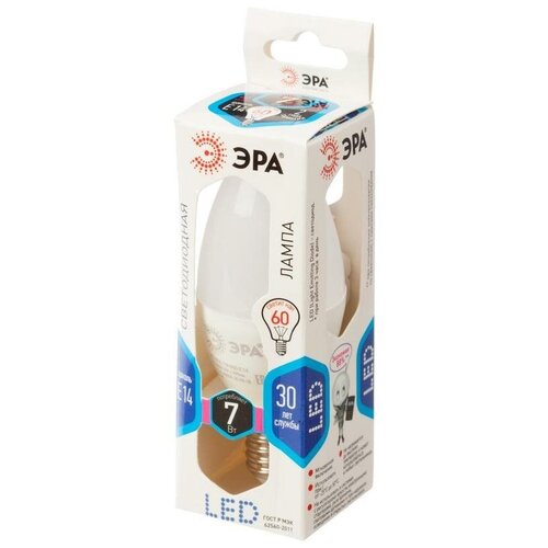 фото Лампа светодиодная эра 7вт e14 свеча мини 4000 к нейтральный белый свет 4 шт.