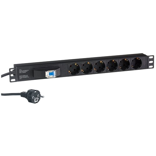 exegate ex280838rus блок розеток exegate serverpro pdu 19h703 al 7s c20 sw 19 1u алюм 7 schuko с20 Блок розеток горизонтальный ExeGate ServerPro PDU-19H610 Al-6S-EU2.5-1P, 19, 1U, Алюминий, 6 Schuko, кабель с евровилкой VDE-250V-16A-3*1.5mm2, 2.5 метра, защита от перегрузки, черный