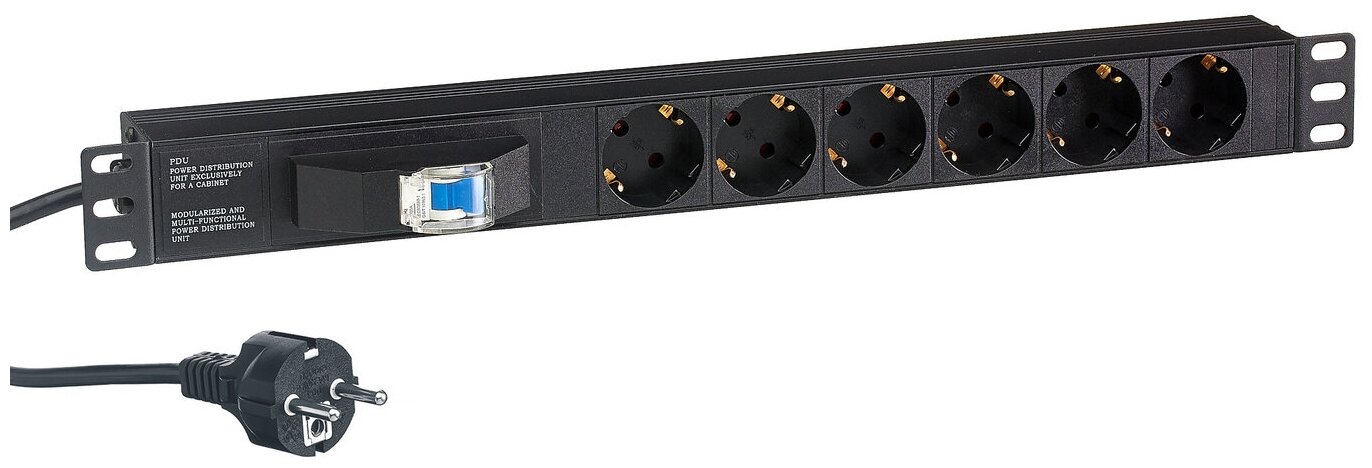 Блок розеток горизонтальный ExeGate ServerPro PDU-19H610 Al-6S-EU2.5CU-1P (19", 1U, Алюминий, 6 Schuko, кабель с евровилкой VDE-250V-16A-3*1.5mm2, медь, 2.5 метра, защита от перегрузки, черный, RTL) EX280835RUS