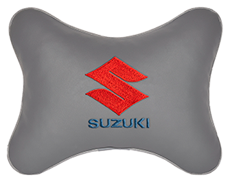 Автомобильная подушка на подголовник экокожа L.Grey с логотипом автомобиля SUZUKI