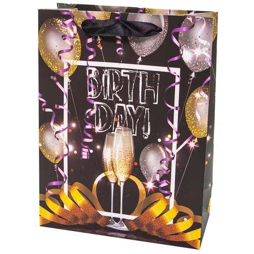 фото Пакет подарочный, с днем рождения! (бокалы шампанского), черный, 24*18*9 см, 1 шт. дон баллон
