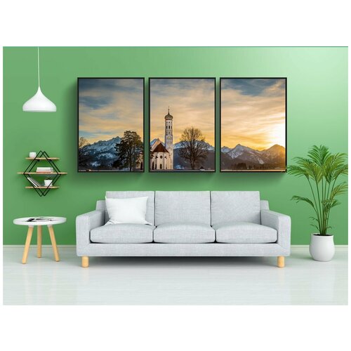 фото Набор модулных постеров для интерьера "заход солнца, церковь, зима" 60x90 см. в тубусе, без рамки lotsprints