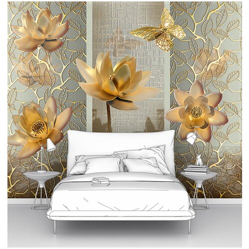 Фотообои на стену первое ателье Лотосы и бабочки в золотом цвете 200х165 см ШхВ флизелиновые Premium 2575₽