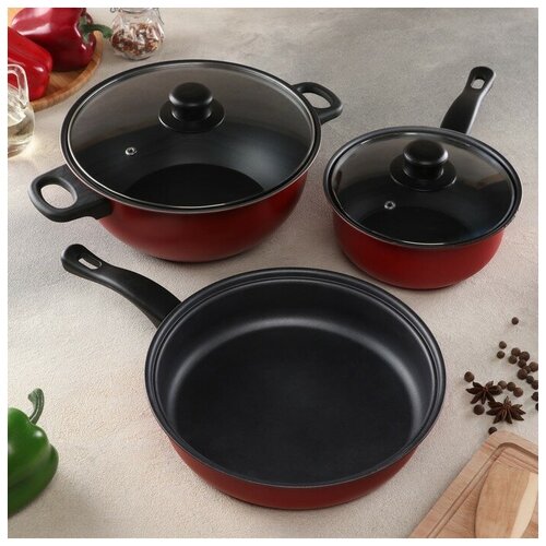 Набор посуды Promo Stone violet кастрюля 3 л d24 см ковш 13 л сковорода d24 см крышки 2 шт антипригарное покрытие цвет бордовый 3343₽