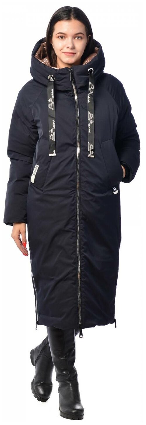 куртка  EVACANA зимняя, удлиненная, внутренний карман, манжеты, капюшон, размер 42, синий