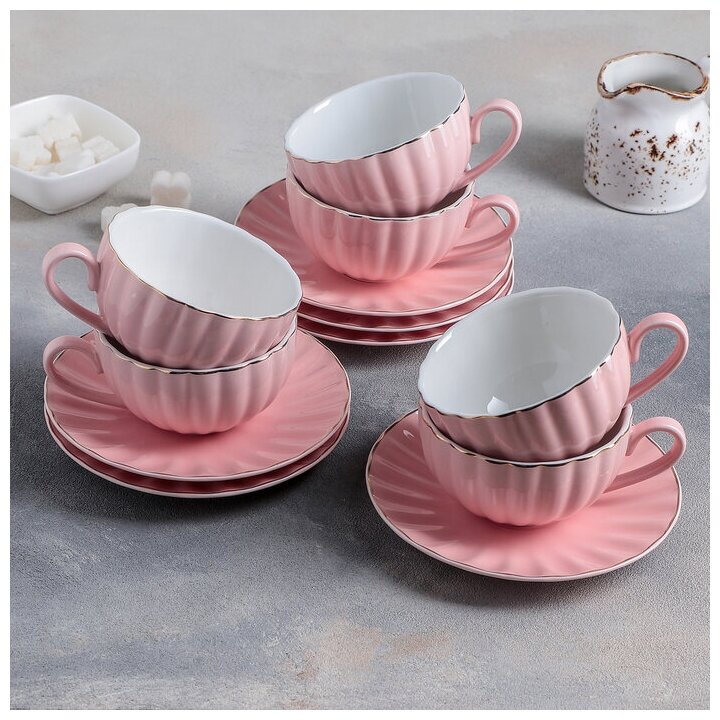 Чайный набор Доляна "Вивьен": 6 чашек 200 мл 6 блюдец d-15 см цвет розовый