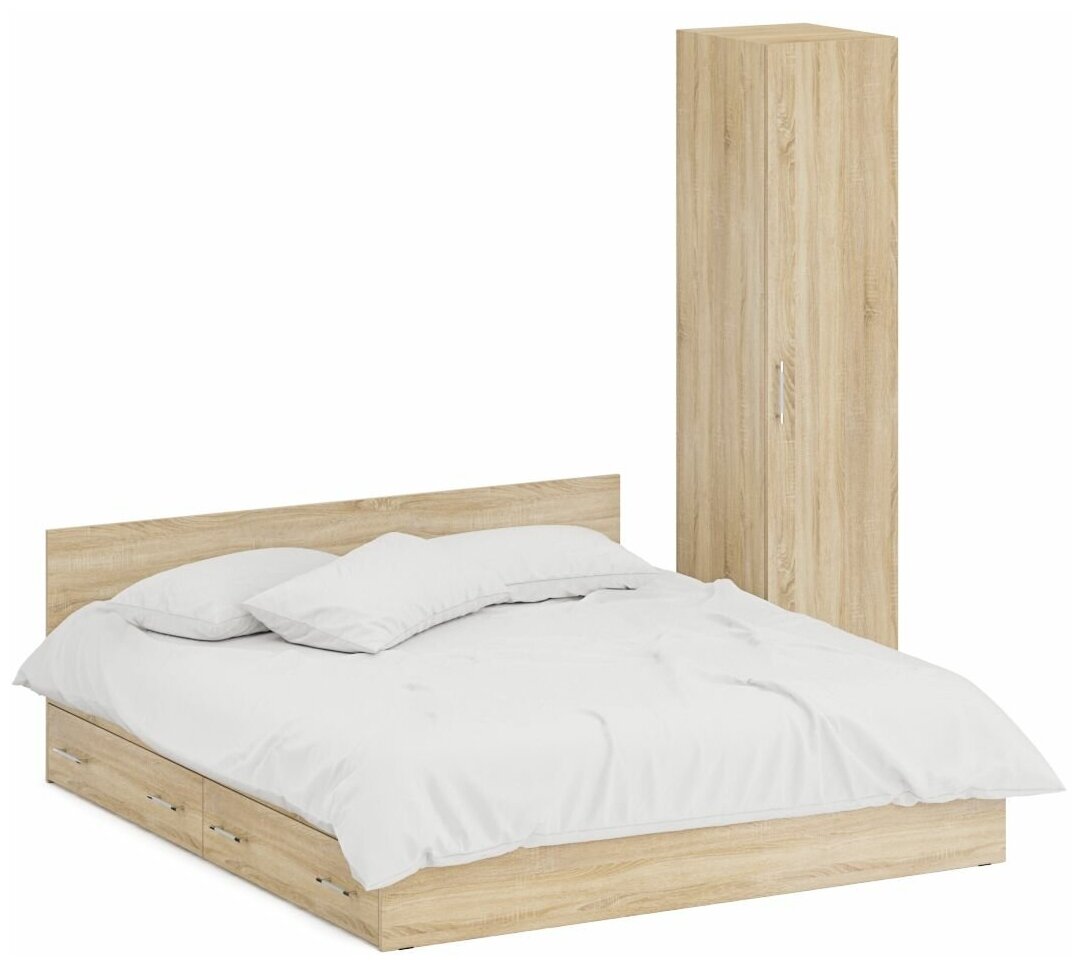 Кровать двуспальная с ящиками 1800 с пеналом Стандарт, цвет дуб сонома, спальное место 1800х2000 мм, без матраса, основание есть