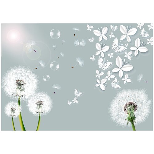 Фотообои Уютная стена 3D одуванчики и бабочки 380х270 см Виниловые Бесшовные (единым полотном)