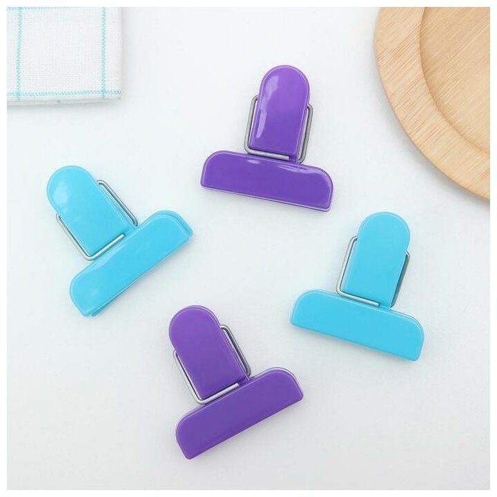 фото Набор зажимов для пакетов, 4×1,7 см, 4 шт, цвет микс