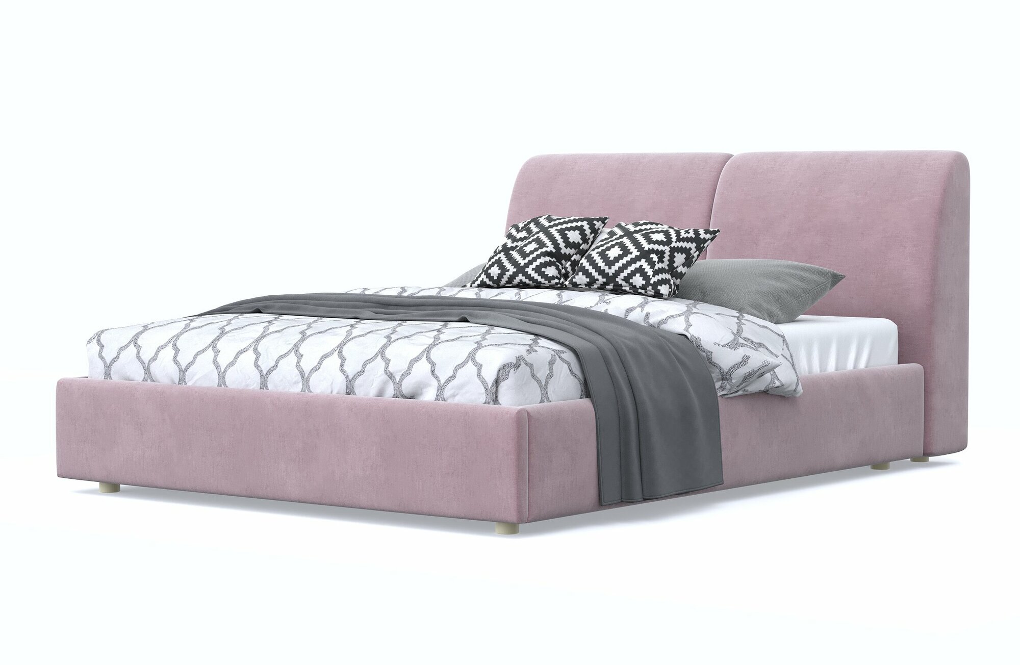 Двуспальная кровать бекка 160х200, с мягким изголовьем, розовый, микрошенилл, массив дерева, на ножках