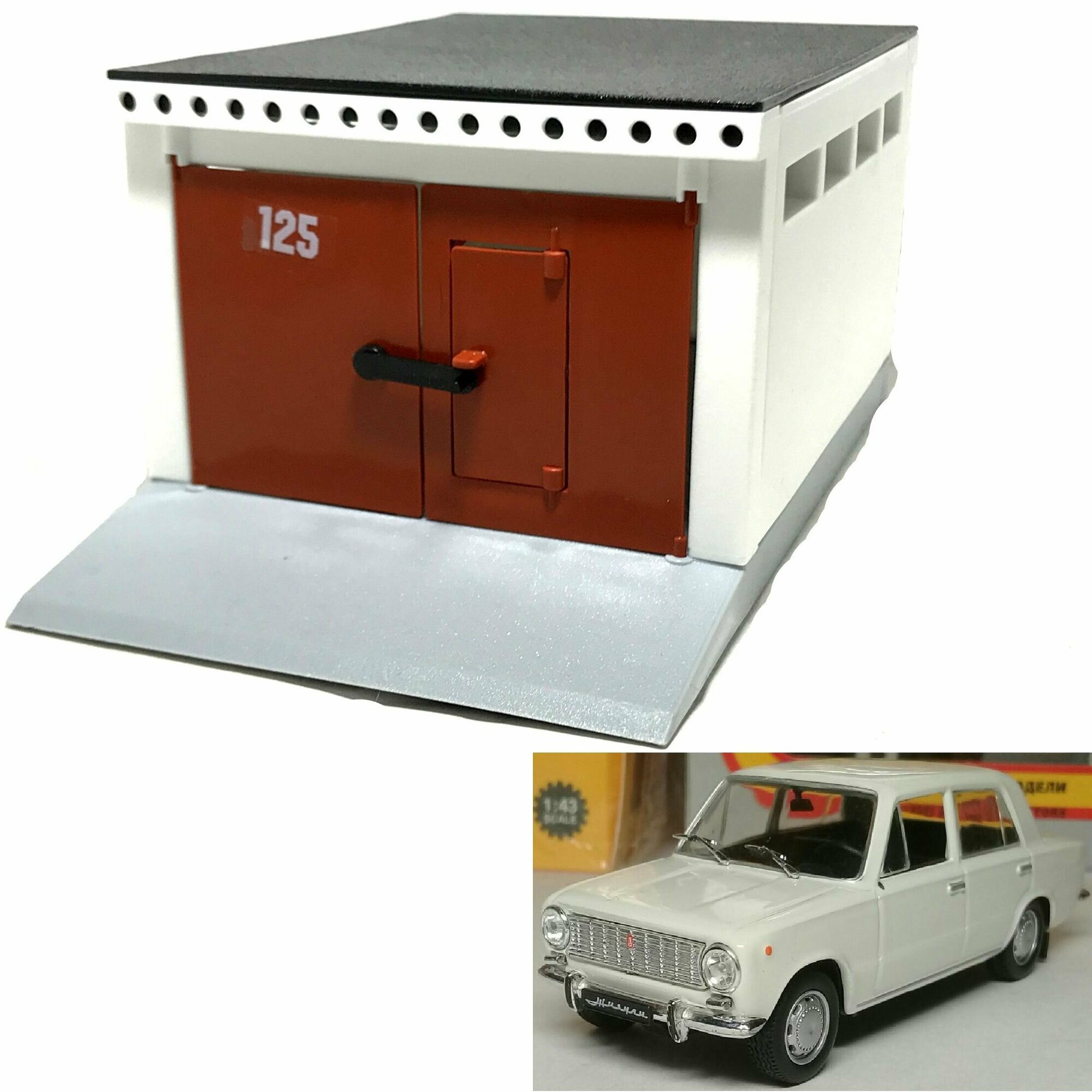 Гараж с распашными воротами и металлическая машинка модель ВАЗ 2101 (инерция 2 откр. двери и багажник) - белая