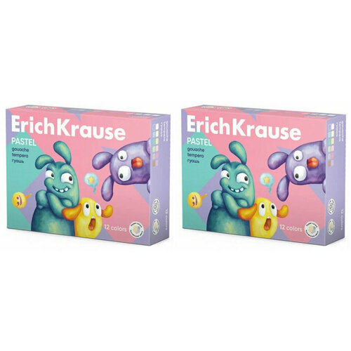 Гуашь цветная ErichKrause Jolly Friends Pastel, 12 пастельных цветов по 20 мл, 2 уп