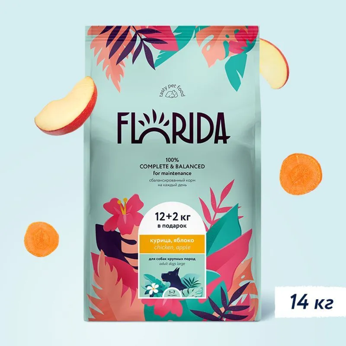 Florida сухой корм для взрослых собак крупных пород с курицей и яблоком 12+2кг