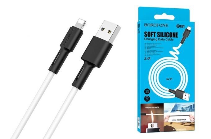 фото Гибкий стойкий силиконовый кабель зарядки USB Micro USB 2.4А 1м быстрая зарядка микро юсб BOROFONE BX31 Белый