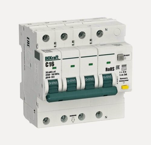 Изображение товара Выключатель автоматический дифференциального тока (АВДТ) 3P+N 16А 30мА AC х-ка C ДИФ-103 6кА DEKraft 16401DEK