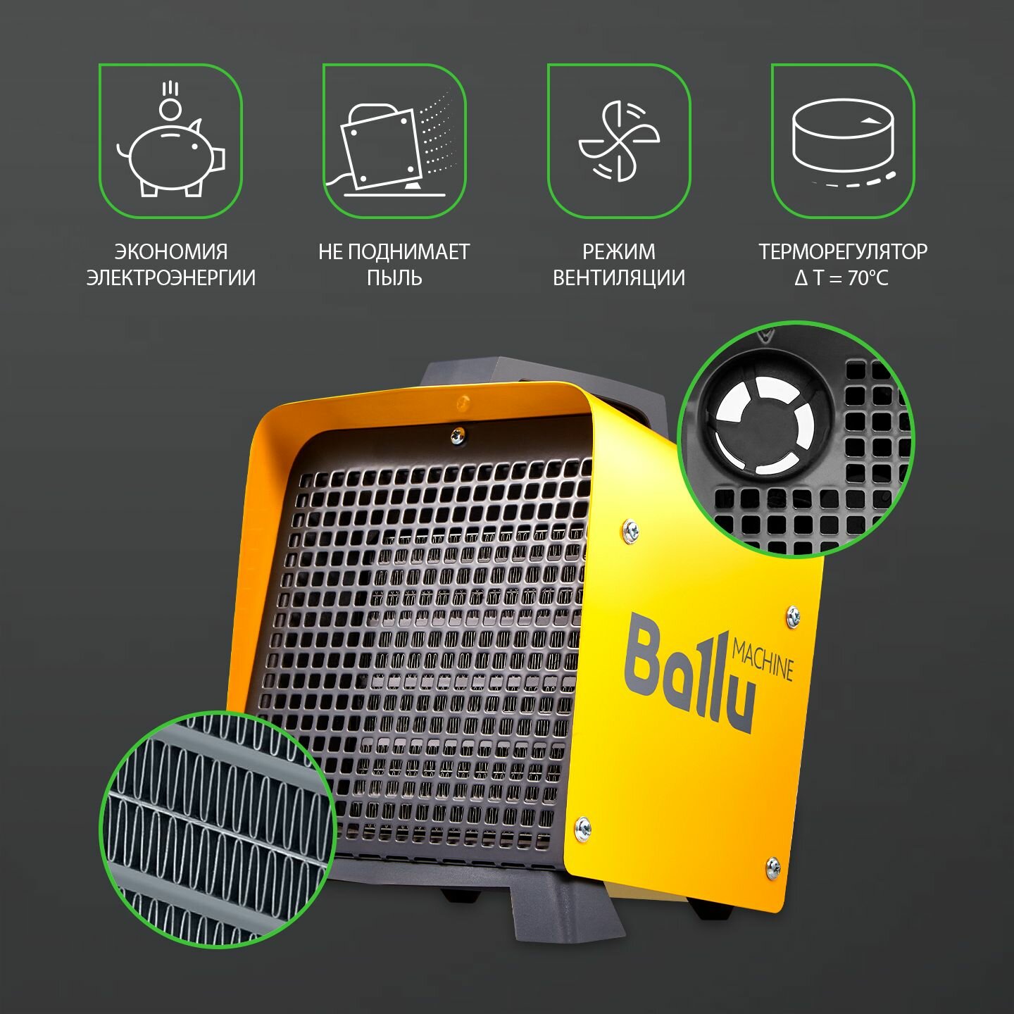 Пушка тепловая электрическая Ballu BKN-5, 3кВт, до 35 кв м, желтый — фото 1