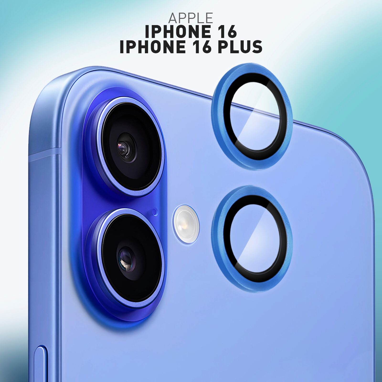 Защитные стёкла на камеры для Apple iPhone 16 и 16 Plus (Айфон 16 и 16 Плюс), чёрная рамка, бренд Rosco, 1 комплект