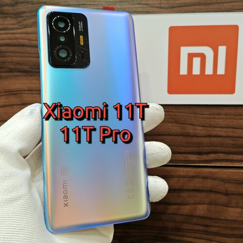 фото Крышка для xiaomi 11t / 11t pro - оригинальная задняя стеклянная панель (серебристо-голубого цвета)