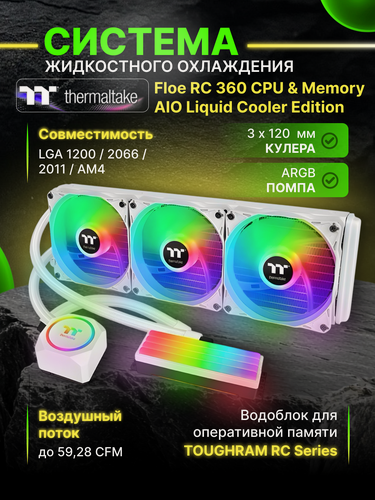 Изображение товара Жидкостная система охлаждения Thermaltake Floe RC360 Snow Edition CPU & Memory AIO Liquid Cooler (CL-W331-PL12WT-A) Белая