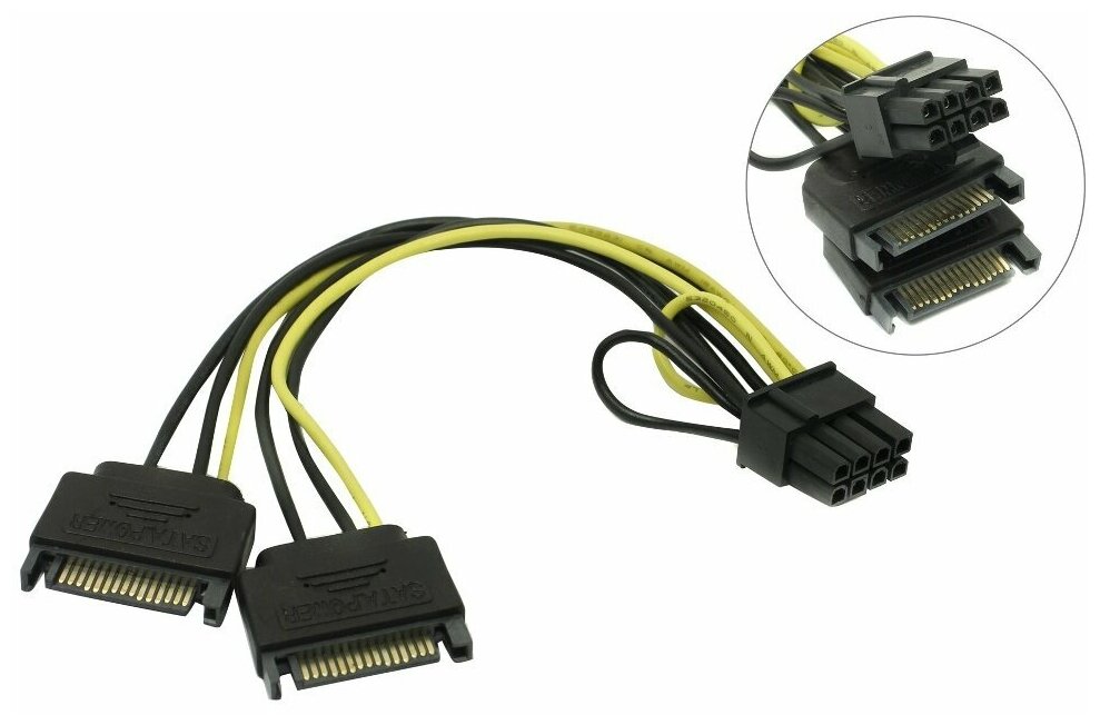 Аксессуар Кабель переходник питания Akasa SATA Power to 6+2pin PCIe 15cm AK-CBPW19-15