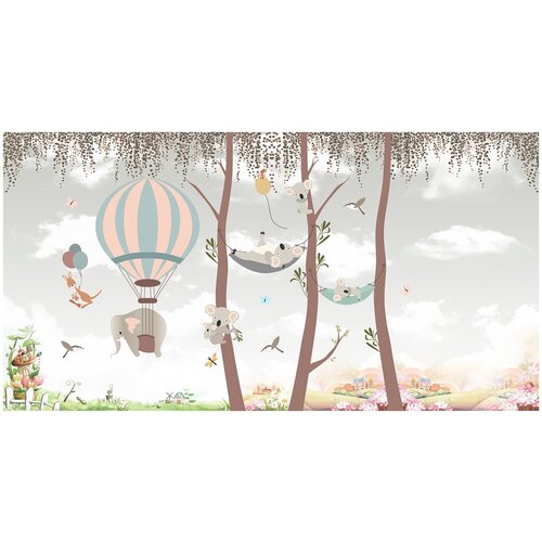 Фотообои Уютная стена Слоны и коалы на воздушных шарах 520х270 см Виниловые Бесшовные (единым полотном)