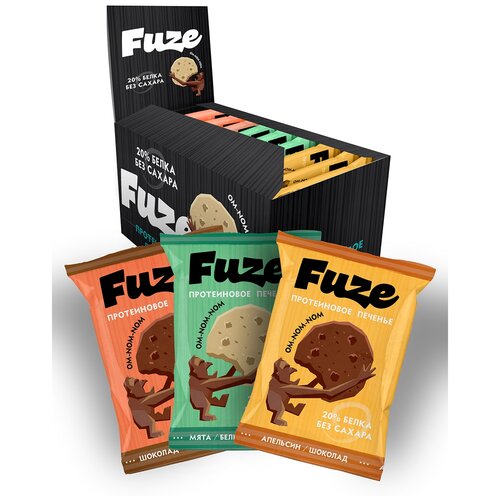 кондитерские изделия мучные печенье с высоким содержанием белка fuze вкус шоколад бокс 9 уп Печенье Fuze протеиновое печенье, 360 г, 360 мл, шоколад - мята - белый шоколад - апельсин