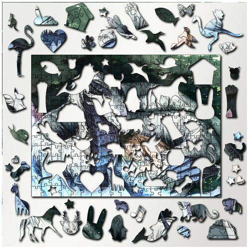 Пазл деревянный с фигурками из дерева 340 деталей 36х27 см фэнтези аниме животные дракон - 3058