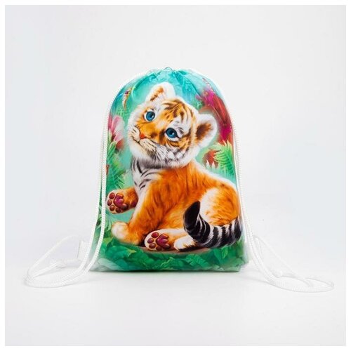 фото Мешок-рюкзак новогодний, 21 × 29 см, отдел на шнурке, цвет зелёный, «тигрёнок и колибри» qwen