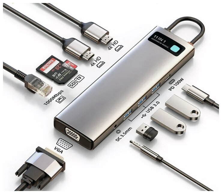 Хаб Baseus Metal Gleam Series 11-in-1 Multifunctional Type-C HUB Docking Station Space Gray CAHUB-CT0G