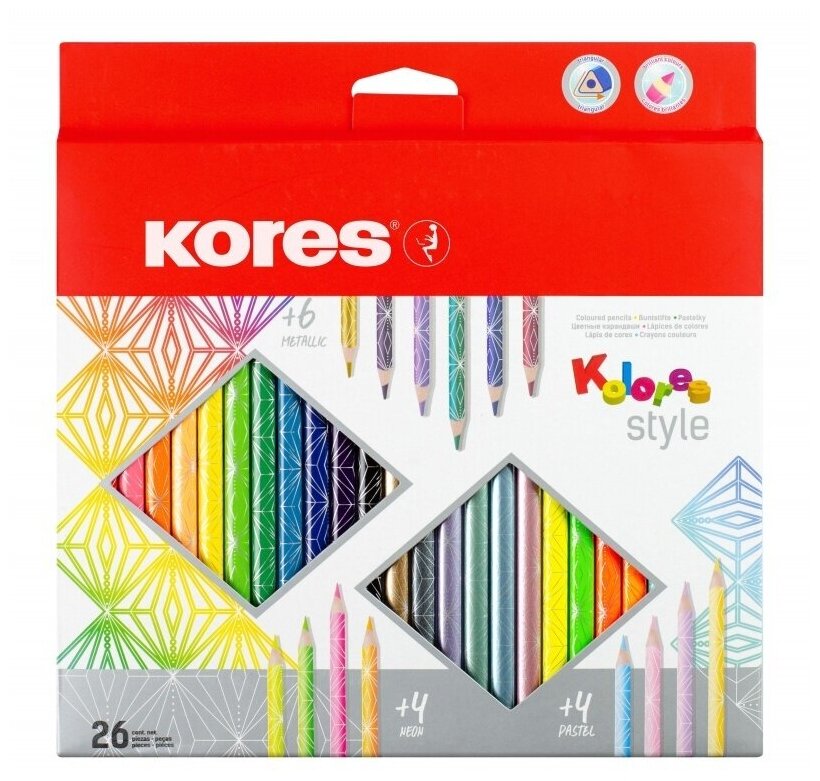 Карандаши цветные Kores 26 цвета, трехгранные, Kolores style (93320)
