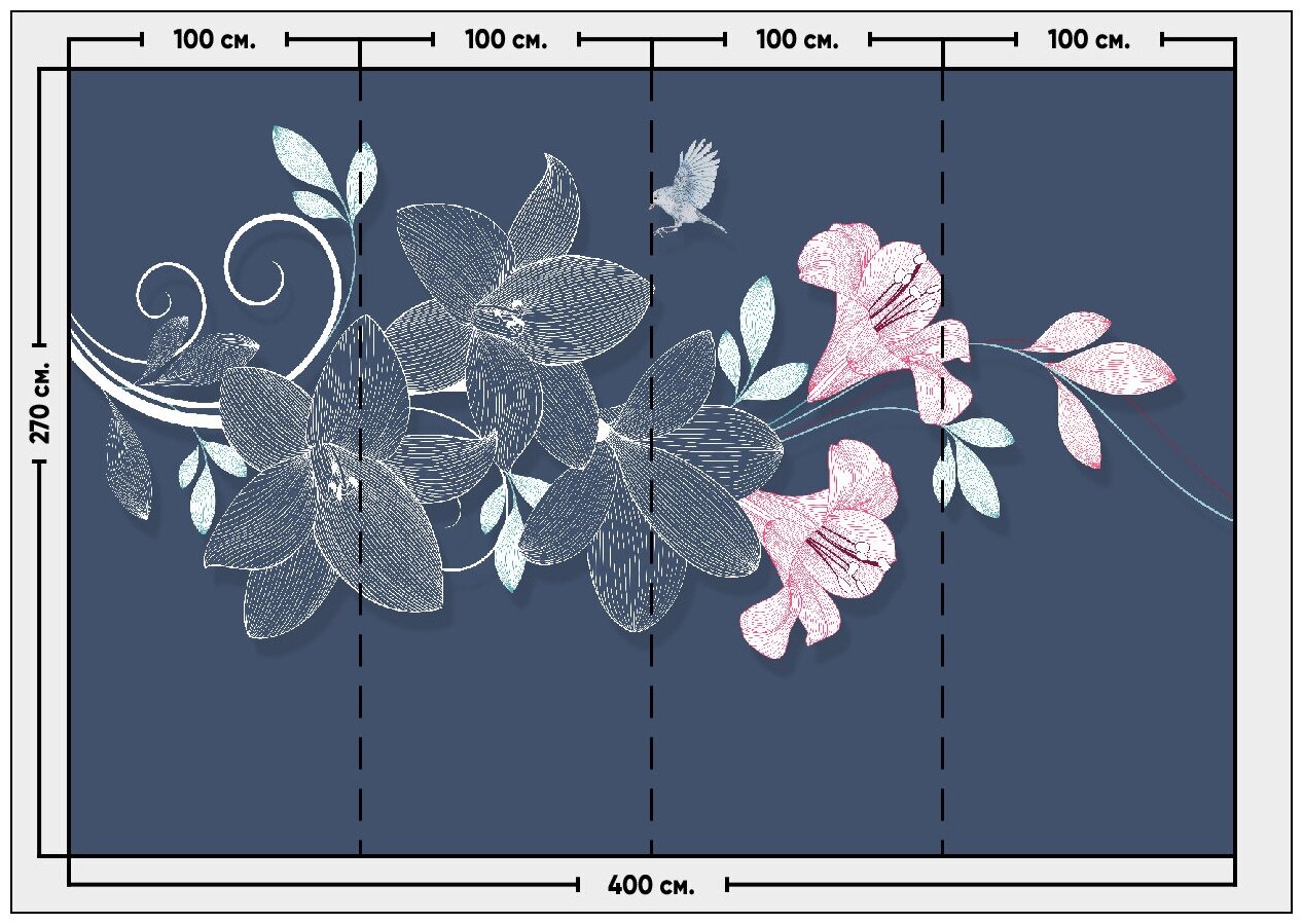 Фотообои / флизелиновые обои Вышивка с лилиями и птицей 4 x 2,7 м