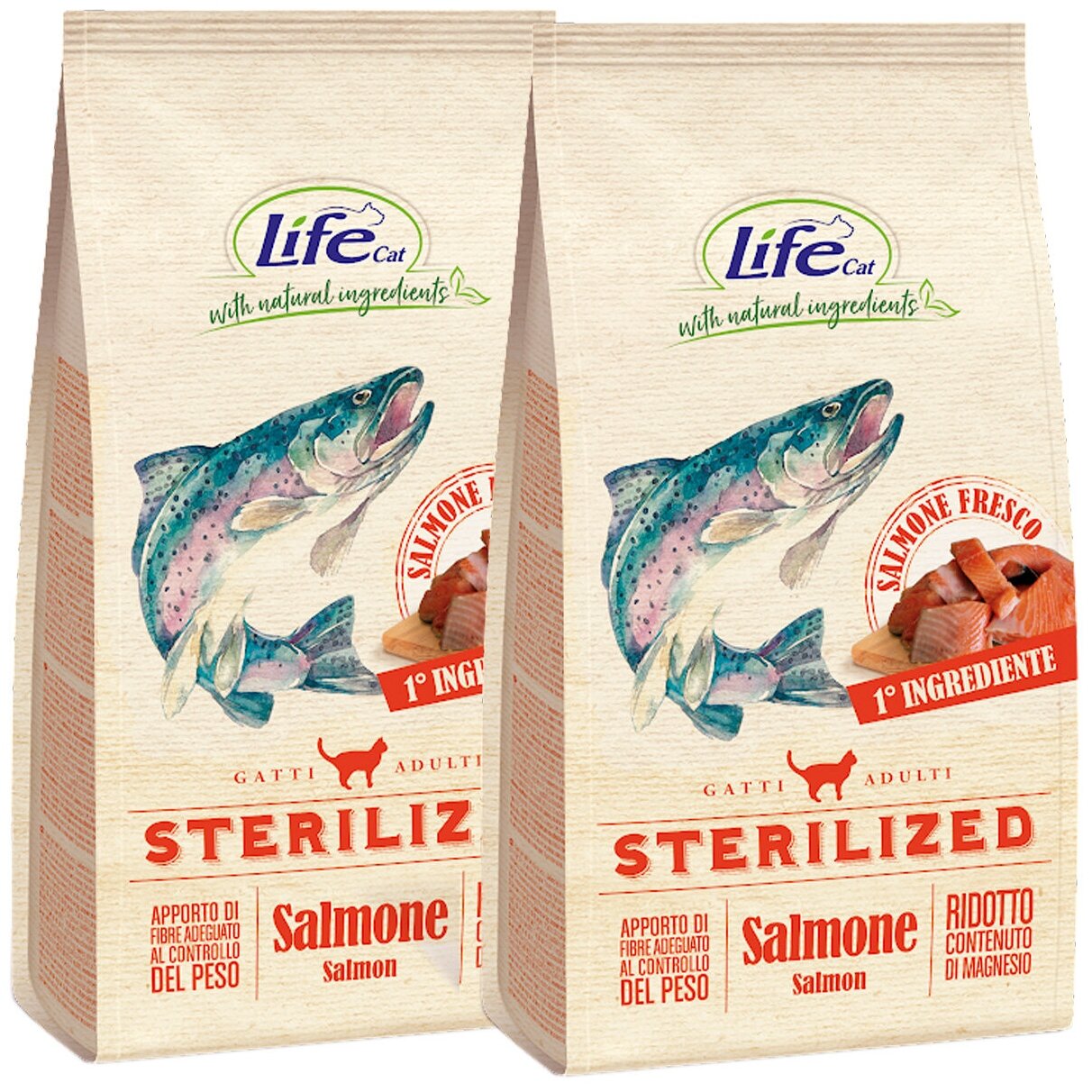 LIFECAT ADULT STERILIZED SALMON для взрослых кастрированных котов и стерилизованных кошек со свежим лососем (7,5 + 7,5 кг)