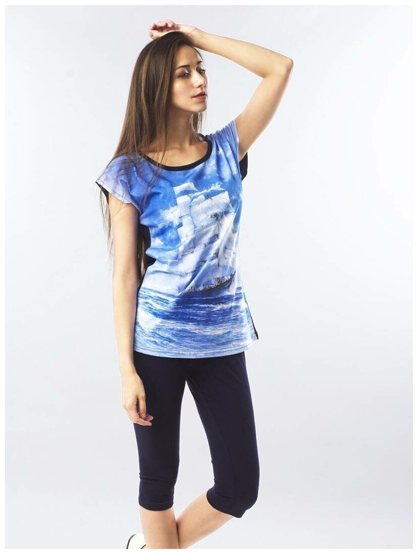 Комплект женский "парусник" футболка+бриджи кулирка темно-синий - фотография № 1
