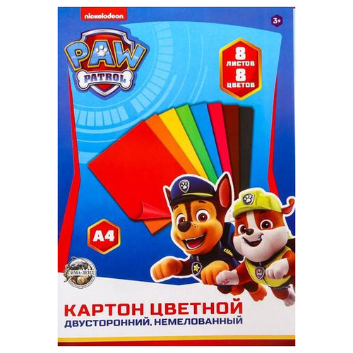 картон цветной А4 8л 8цв PAW PATROL двуст немел 220г/м2 в папке 4437470