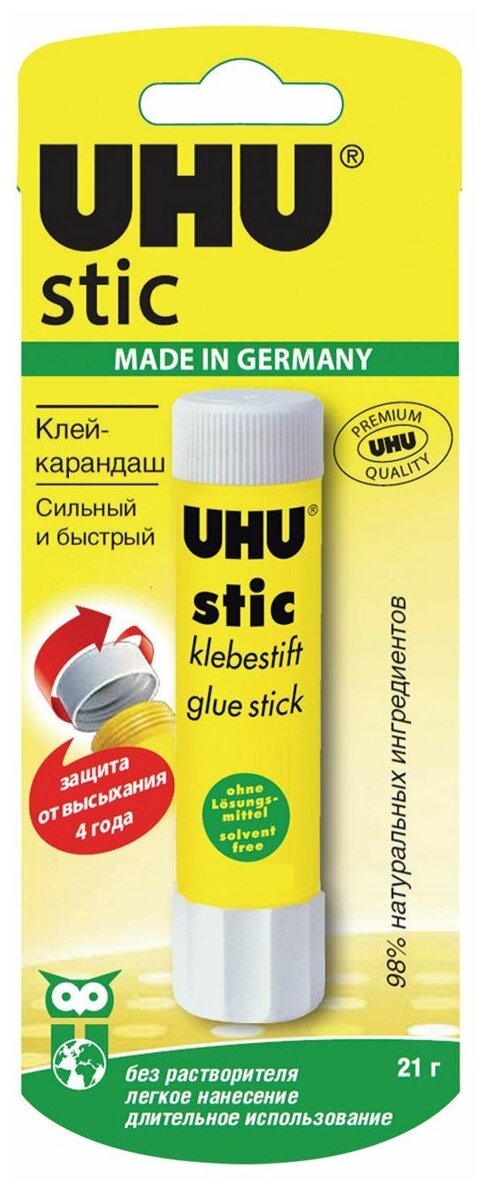 Клей-карандаш UHU STIC цвет белый, произведен в Германии 21 г, 1 шт. в блистере