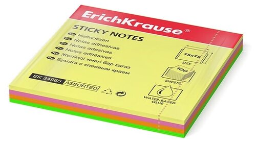Бумага для заметок Erich Krause с клеевым краем Neon, 75*75 мм, 100 листов, 4 цвета (34965)