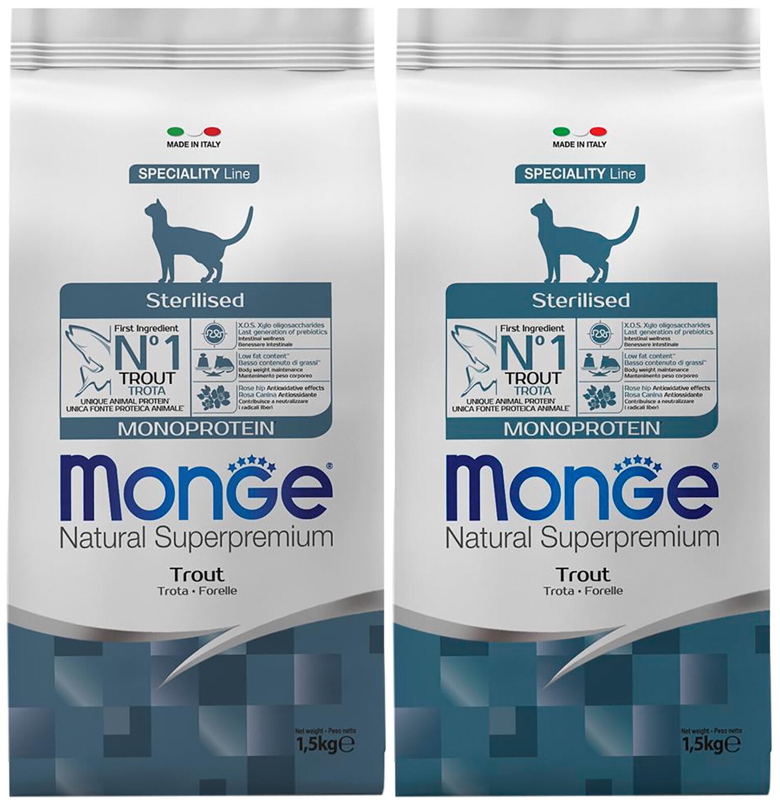 Сухой корм для кошек, Супер-Премиум класса, для стерилизованных,  кастрированных котов Monge Cat Monoprotein Sterilized Trout с форелью 1,5  кг х 2 шт — купить в интернет-магазине по низкой цене на Яндекс Маркете