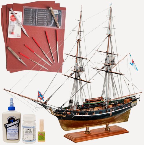 Изображение товара Бриг Меркурий, 600 часов, М.1:72, сборная модель корабля, подарочный набор, подставка, инструменты, краски, лак, клея