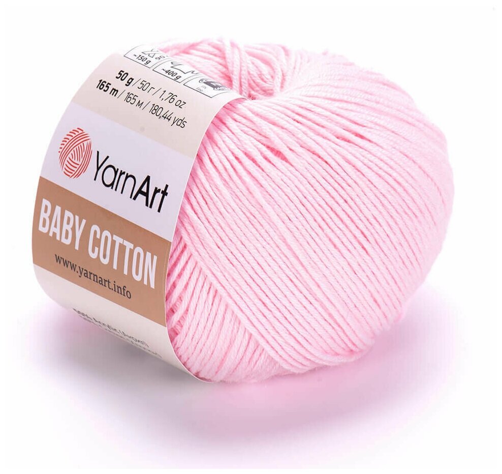 Пряжа для вязания YarnArt Baby Cotton (Бэби Коттон) - 1 моток 410 нежно-розовый для детских вещей и амигуруми 50% хлопок 50% акрил 165 м/50 г