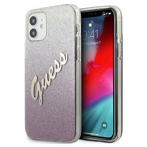 фото Пластиковый чехол-накладка для iphone 12 mini guess pc/tpu script logo hard gradient glitter, розовый