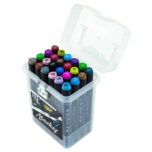фото Маркеры для скетчинга, набор из 24 цветов / двусторонние, точечный и скошенный наконечник. скетч-маркеры в пластиковом боксе с ручкой. wellywell
