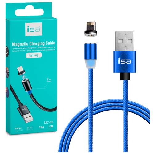 Кабель магнитный для зарядки Apple iPhone USB - Lightning 8pin / 2A / 1.2m / синий / ISA