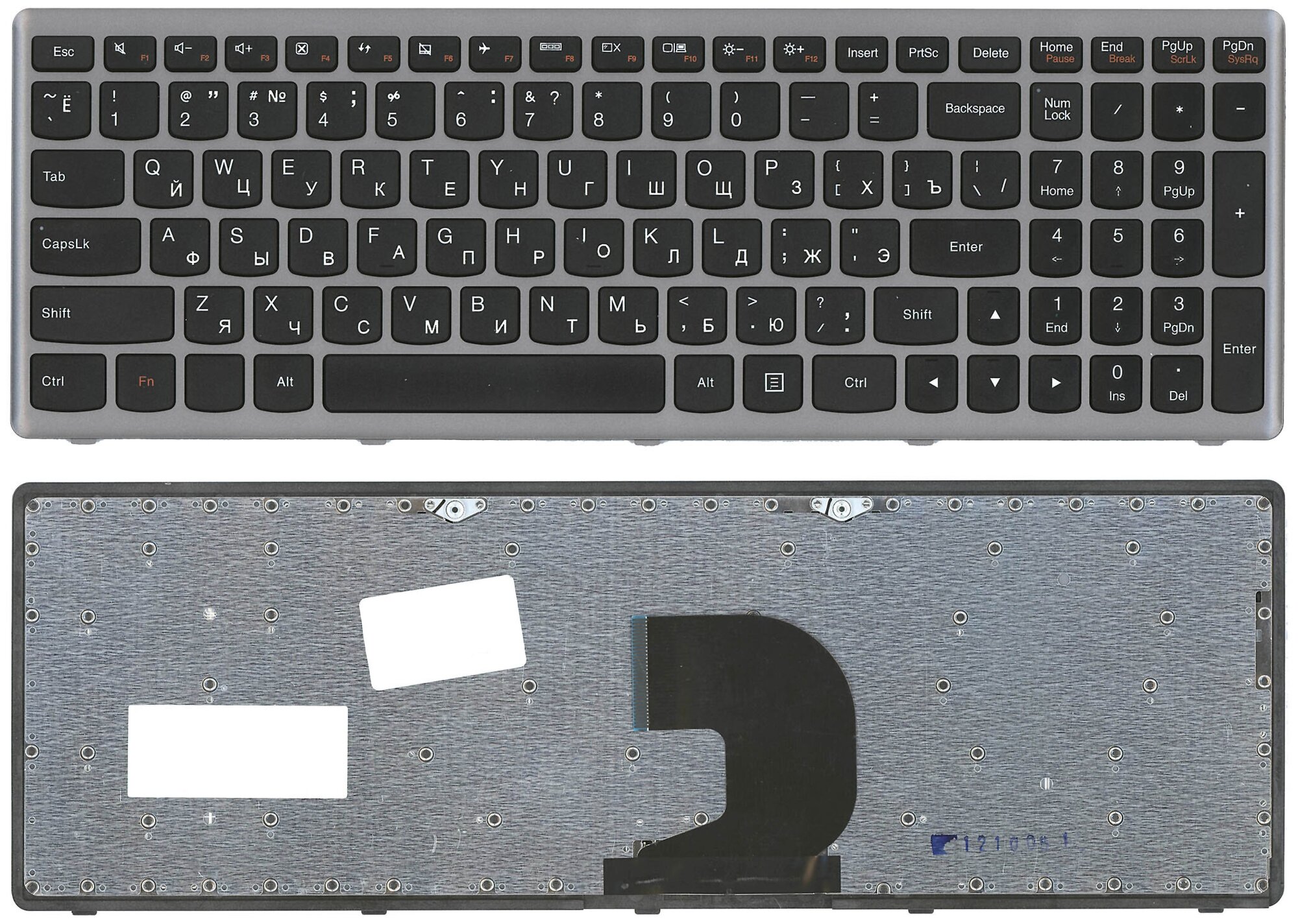 Клавиатура для ноутбука Lenovo IdeaPad P500 Z500 черная с серой рамкой без подсветки