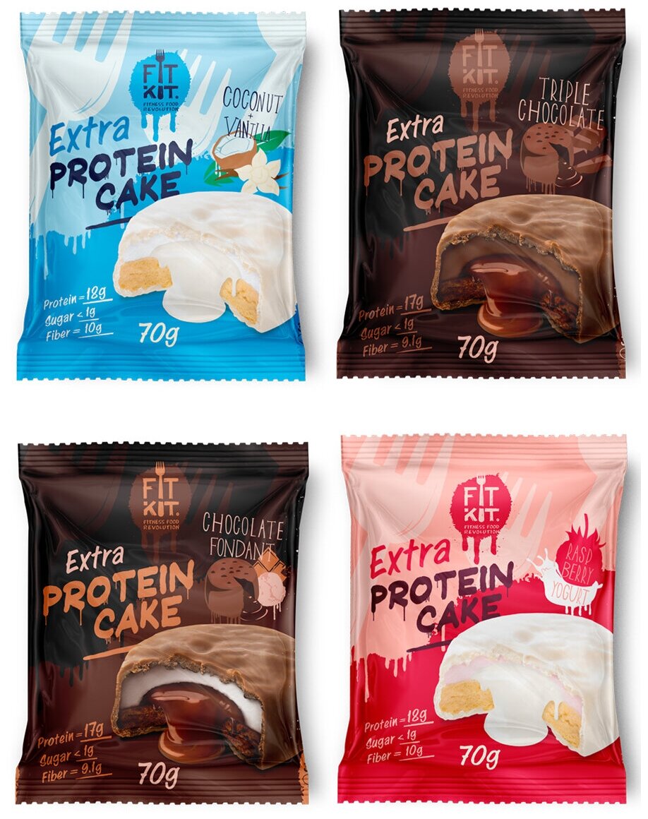 Protein Cake EXTRA, Ассорти 4шт по 70г (Кокос, Малина, Тройной Шоколад, Фондан)