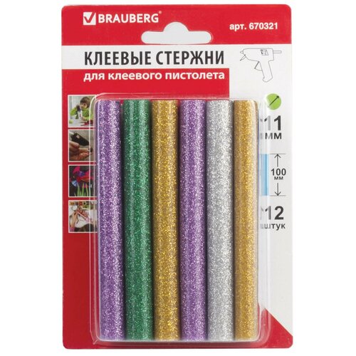 Клеевые стержни, комплект 60 шт., диаметр 11 мм, длина 100 мм, цветные (ассорти), С блестками, 6 цветов, BRAUBERG, 670321