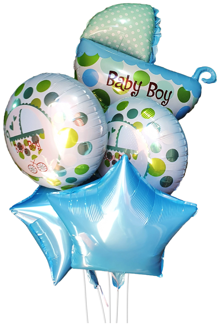 Фонтан из шаров на рождение мальчика 5шт. Коляска / Набор фольгированных воздушных шаров / Воздушные шары